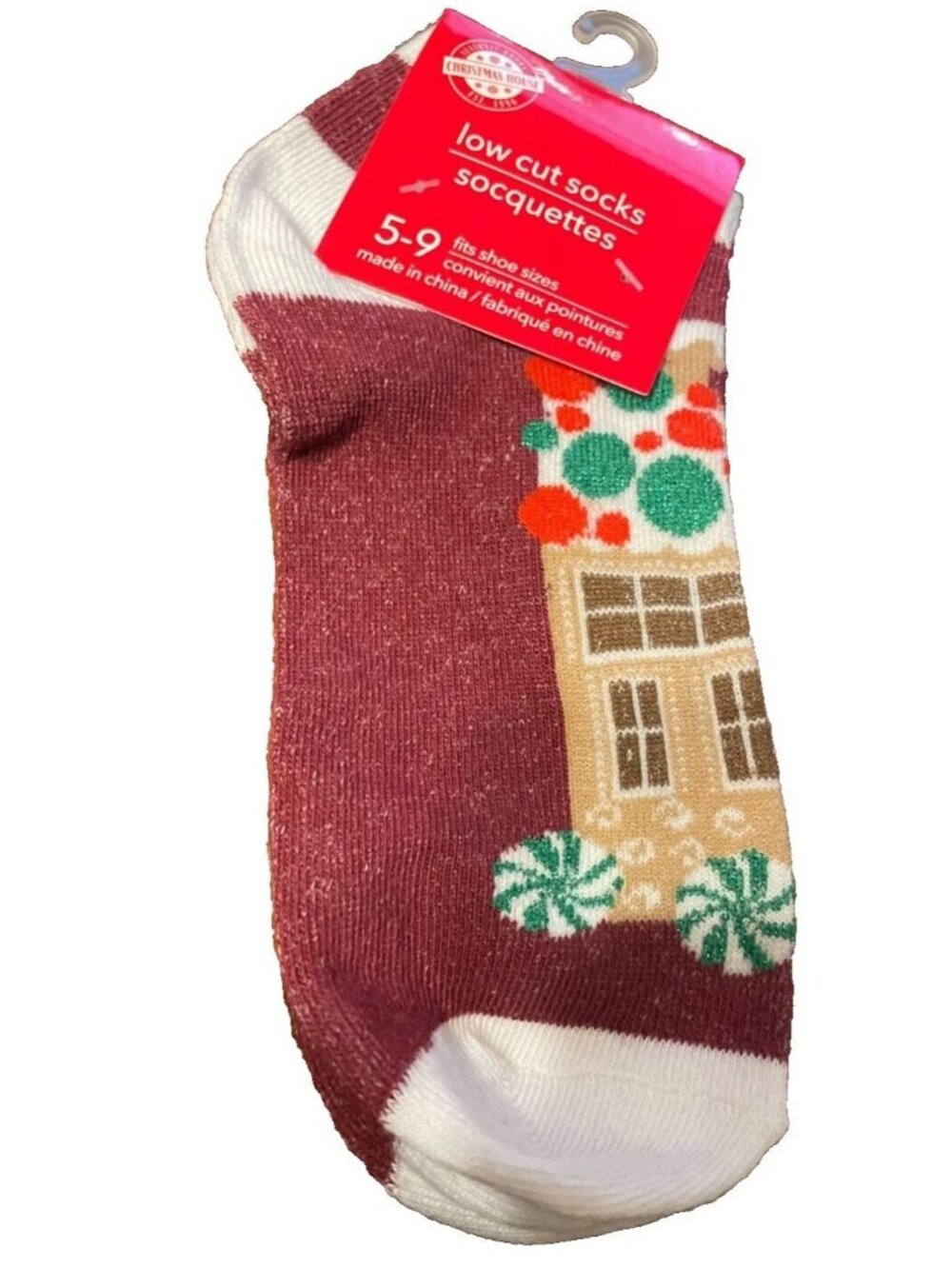 Womens Socks Low Cut Christmas Size 5-9 Gingerbread House Design NWT